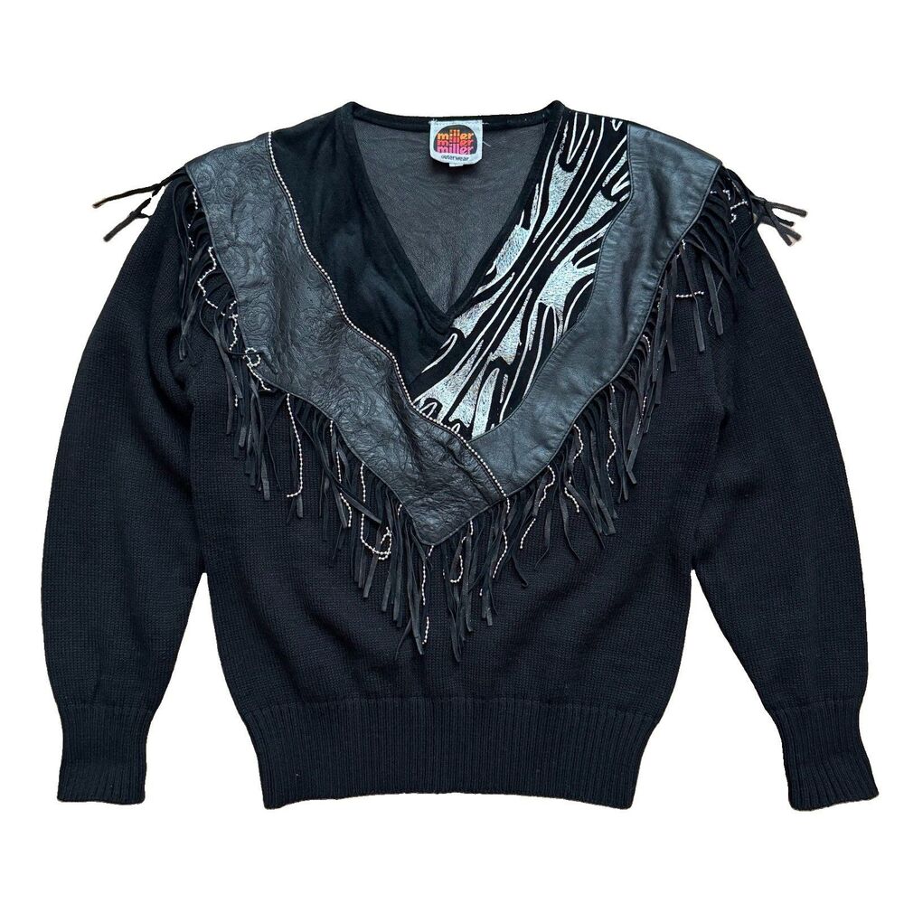 Vintage Miller Western Fringe Sweater Womens L Black Leather Beaded Cowgirl Boho